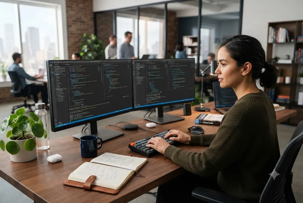 Developer studying the best coding languages to learn on multiple computer screens