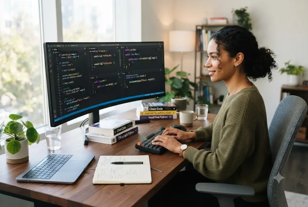 Student learning the best computer programming language to learn using a modern coding workstation