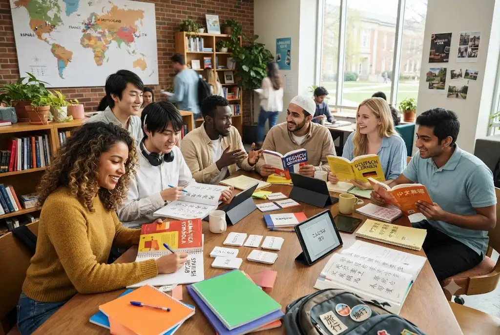 Students exploring fun languages to learn in a modern language learning environment