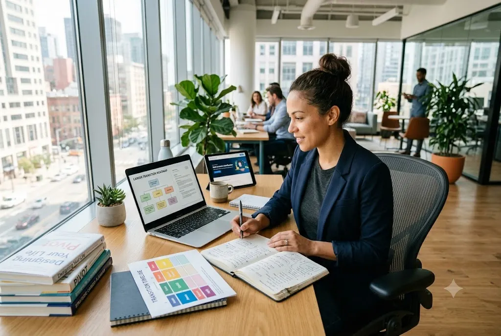 Professional creating a career transition planning strategy for a successful career change.
