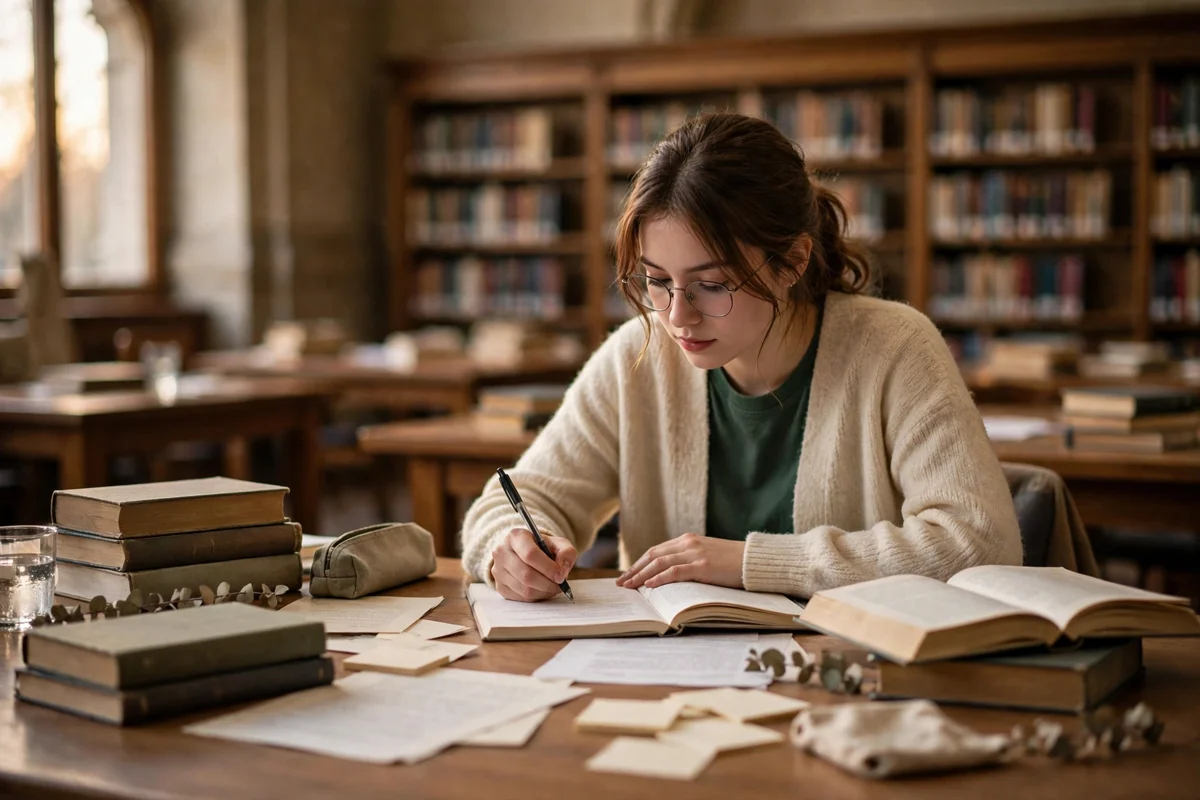 Student writing original work in a library, practising academic integrity