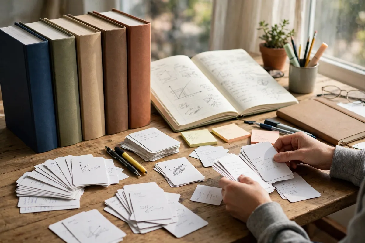 Interleaved practice: mixed study topics and flashcards on a desk